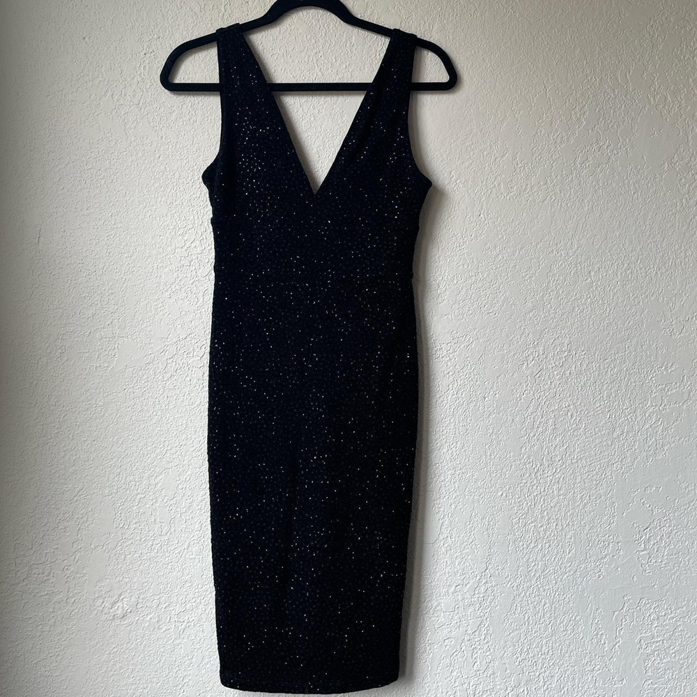 Guess Black Metallic Glitter Sparkle Deep V Sleeveless Cocktail Dress Small
